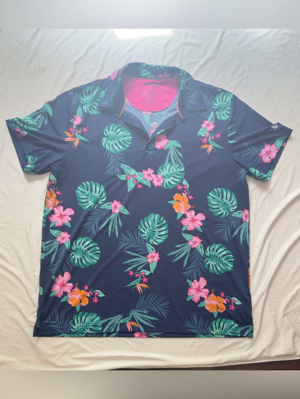 Birdie Bound Men's Navy Polo with Pink & Green Tropical Floral Print